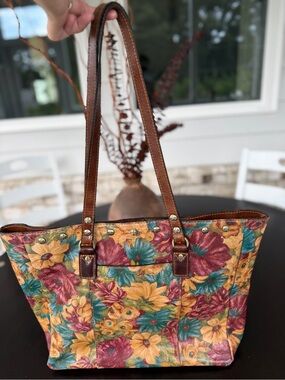 Patricia Nash Floral Tote Bag with Brown Leather Straps